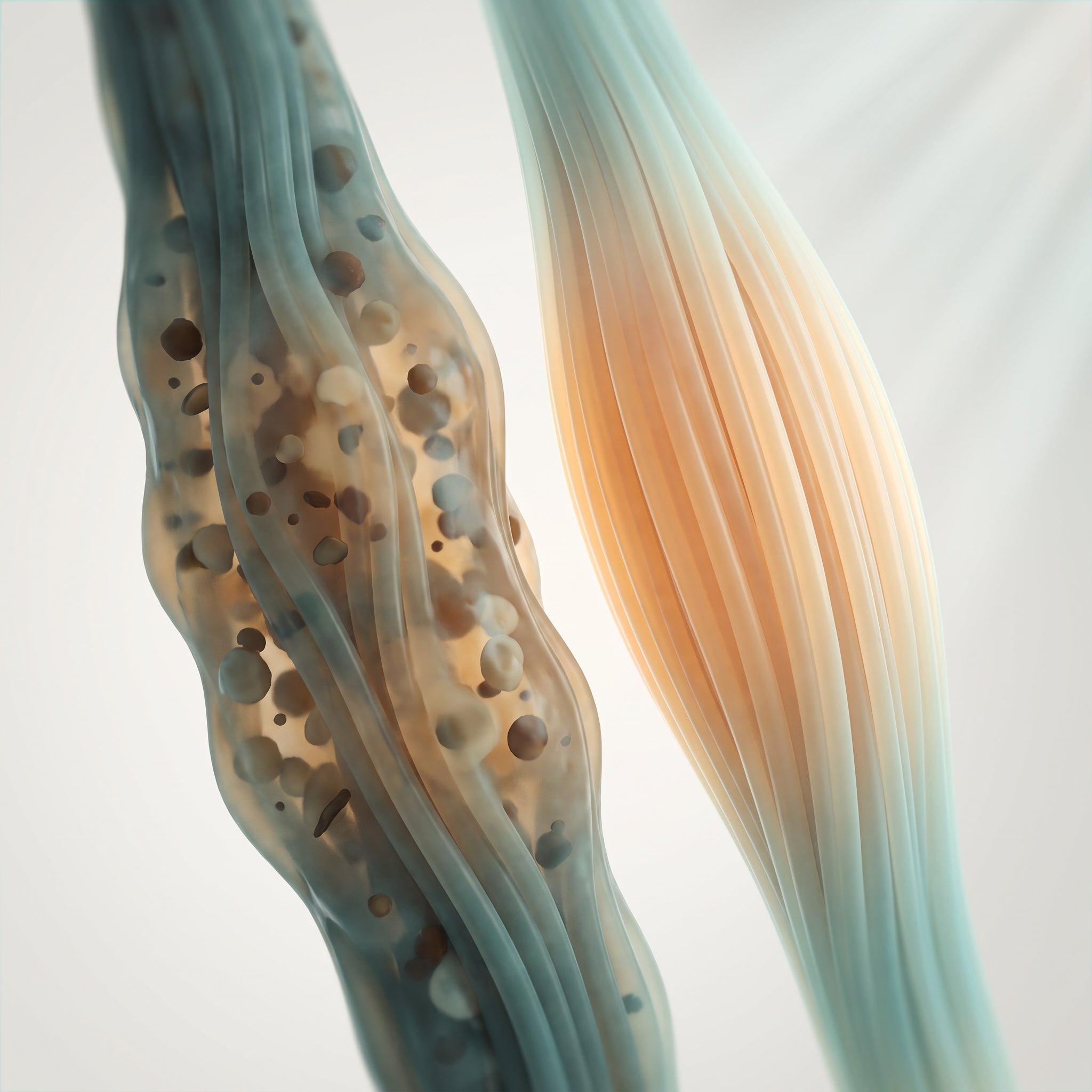 A clogged muscle fiber beside a cleared one