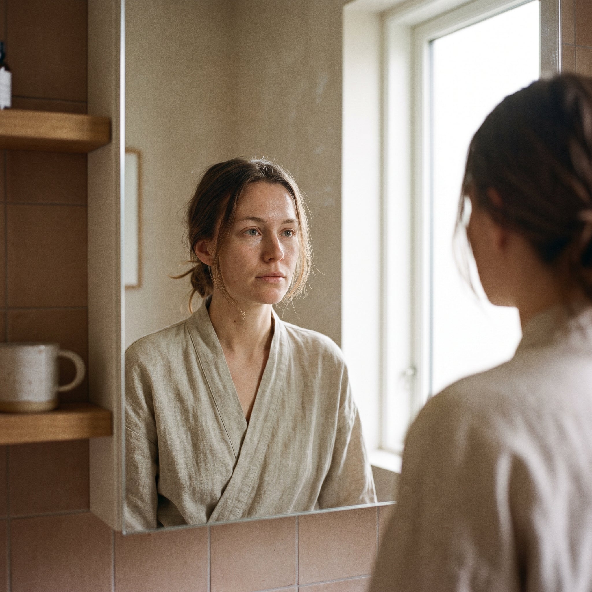 A woman looking at her reflection