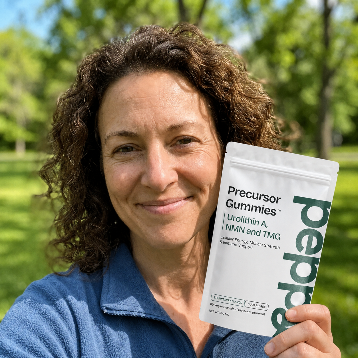 A woman holding the Peppy Precursor Gummies pouch