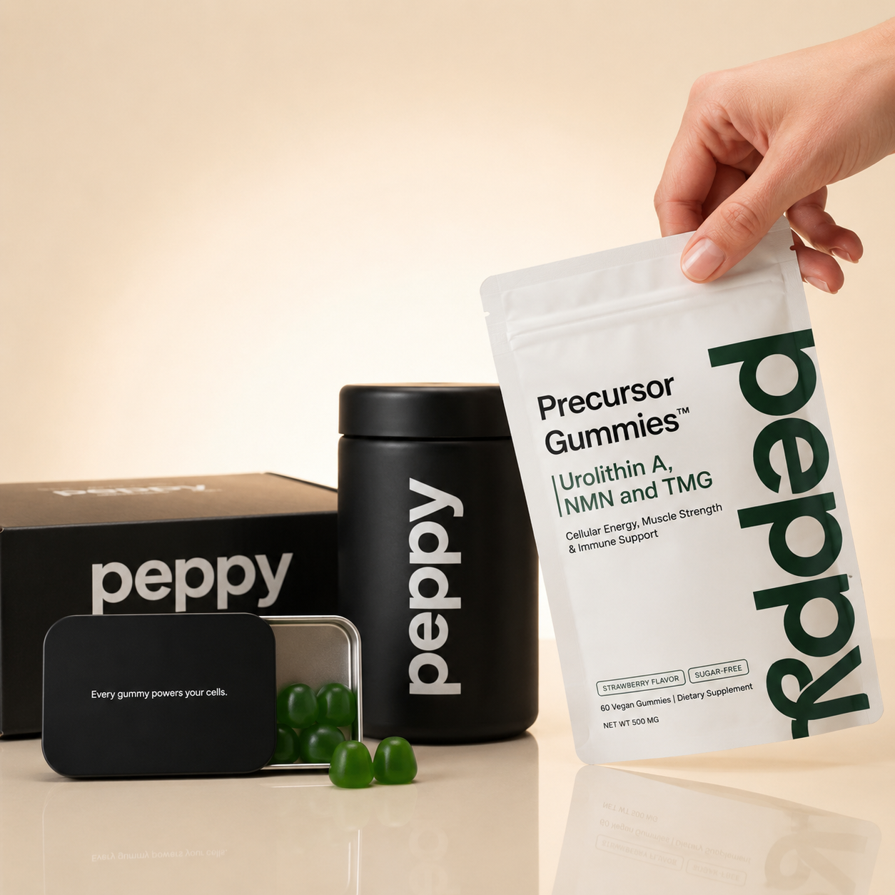 Peppy Precursor Gummies pouch with gummies, product shot