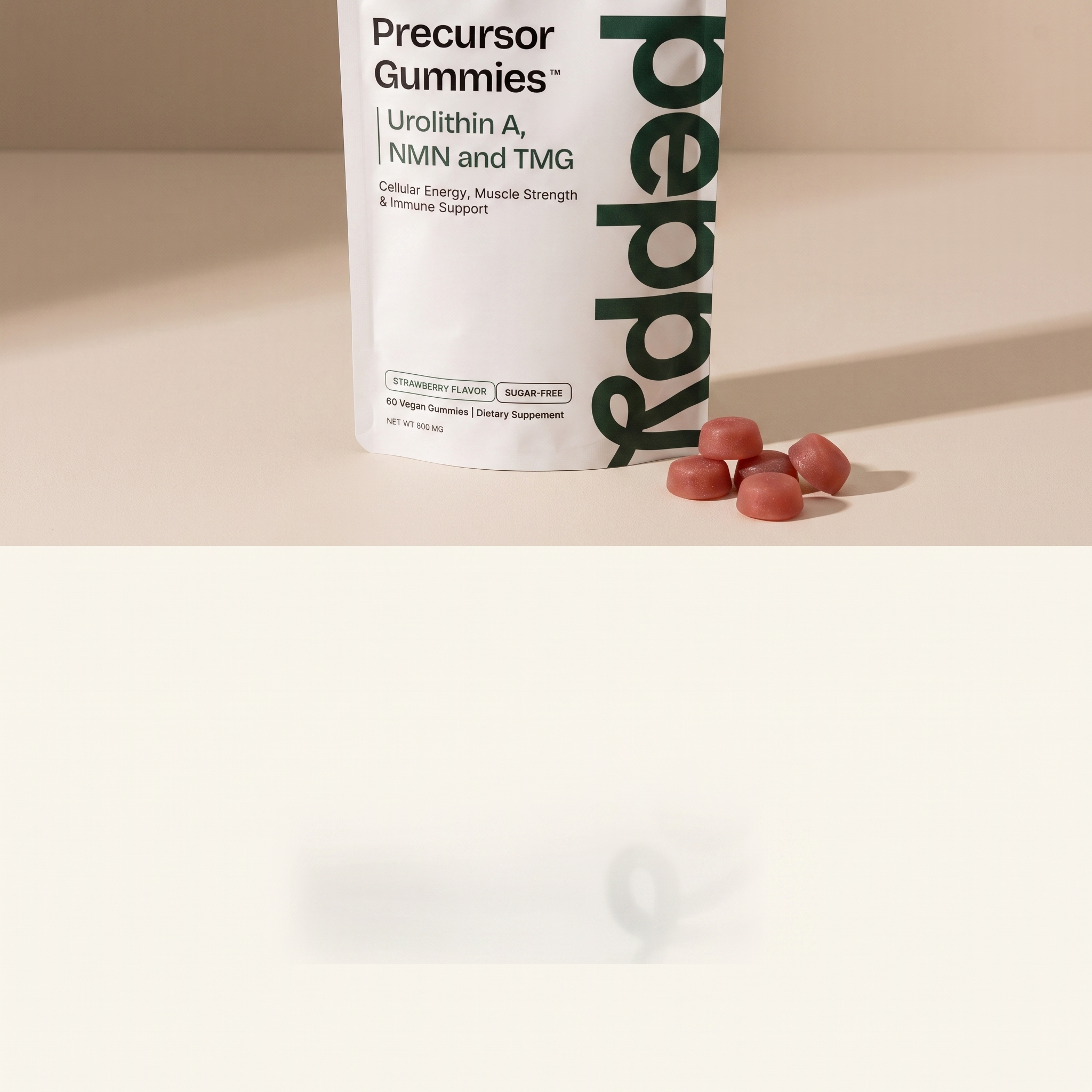 Why Urolithin A, Peppy Precursor Gummies pouch with gummies spilling out