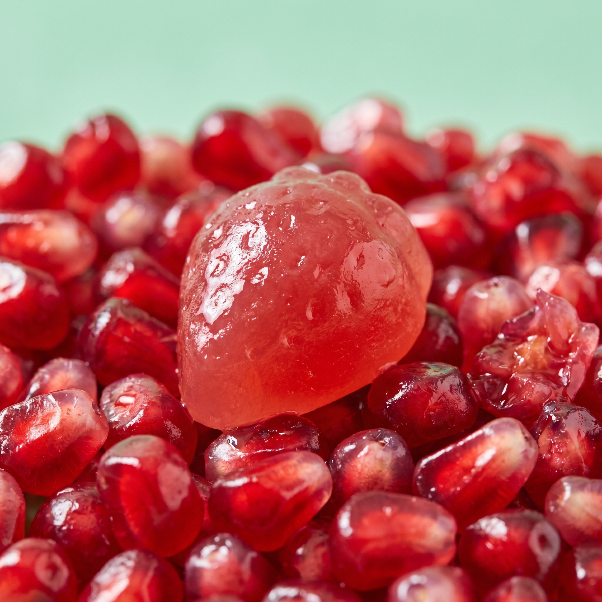 An Peppy Urolithin A gummy nestled in pomegranate arils