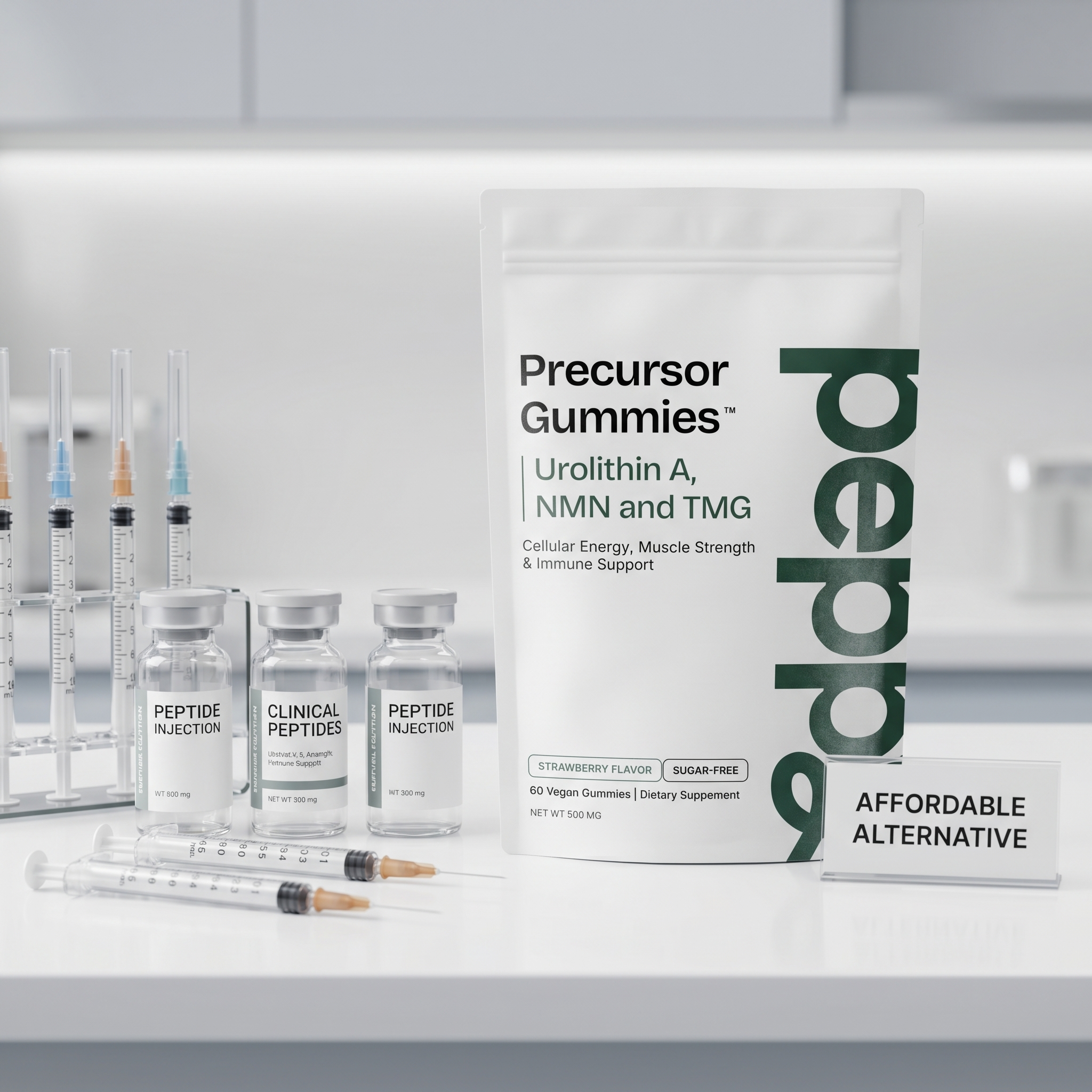 Peppy Precursor Gummies pouch beside vials and gummies